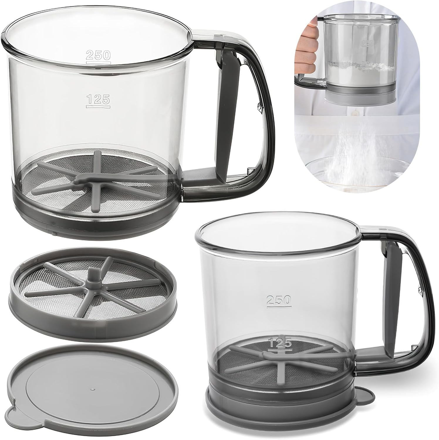 Blingbin Mehlsieb Zum Backen, Doppelwandiges Mehlsieb Mit Deckel, Halbautomatische, Handbetriebene Pulversiebe, Feinmaschige Pulversiebe Mit Skala