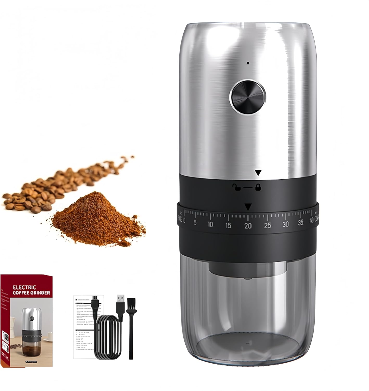 Elektrische Kaffeemühle, Klein, Elektrische Kaffeemühle Mit Keramik-mahlwerk, Verstellbarer Mahlgrad (40 Einstellungen), 25 G Bohnenbehälter, Leise Ein-knopf-bedienung (silber)