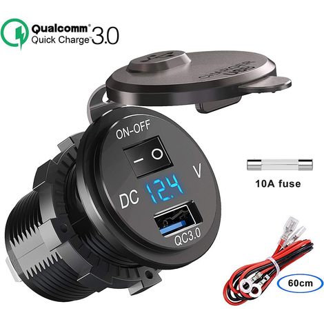 Qc 3.0 12v/24v Usb-kfz-ladegerät. Schnelllade-kfz-ladegerät Mit Integriertem Stecker, Wasserdichter Zigarettenanzünderadapter Mit Schalter Und Led-voltmeter-spannungsanzeige Für Motorrad, Boot, Cam