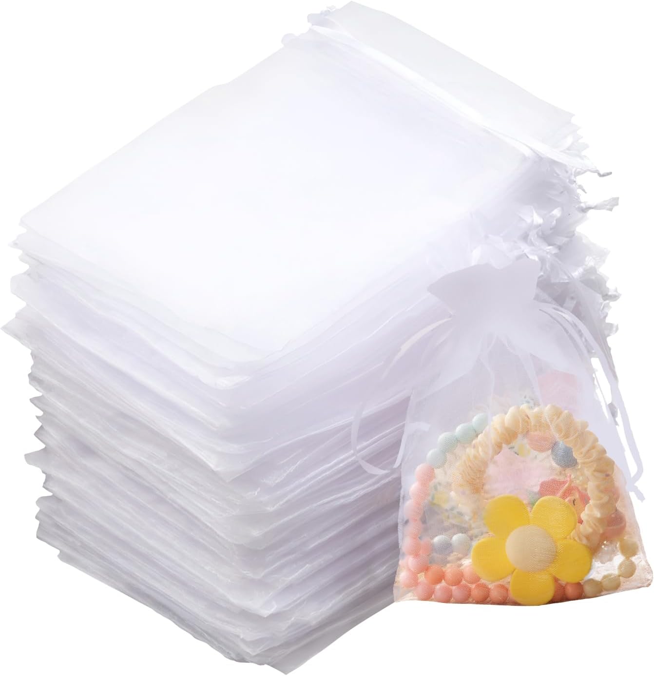 100 Organzasäckchen 10x15 Cm, Kleine Säckchen Zum Garnieren, Mit Kordelzug, Weiß, Für Schmuck, Süßigkeiten, Hochzeiten, Geburtstage Und Partys.