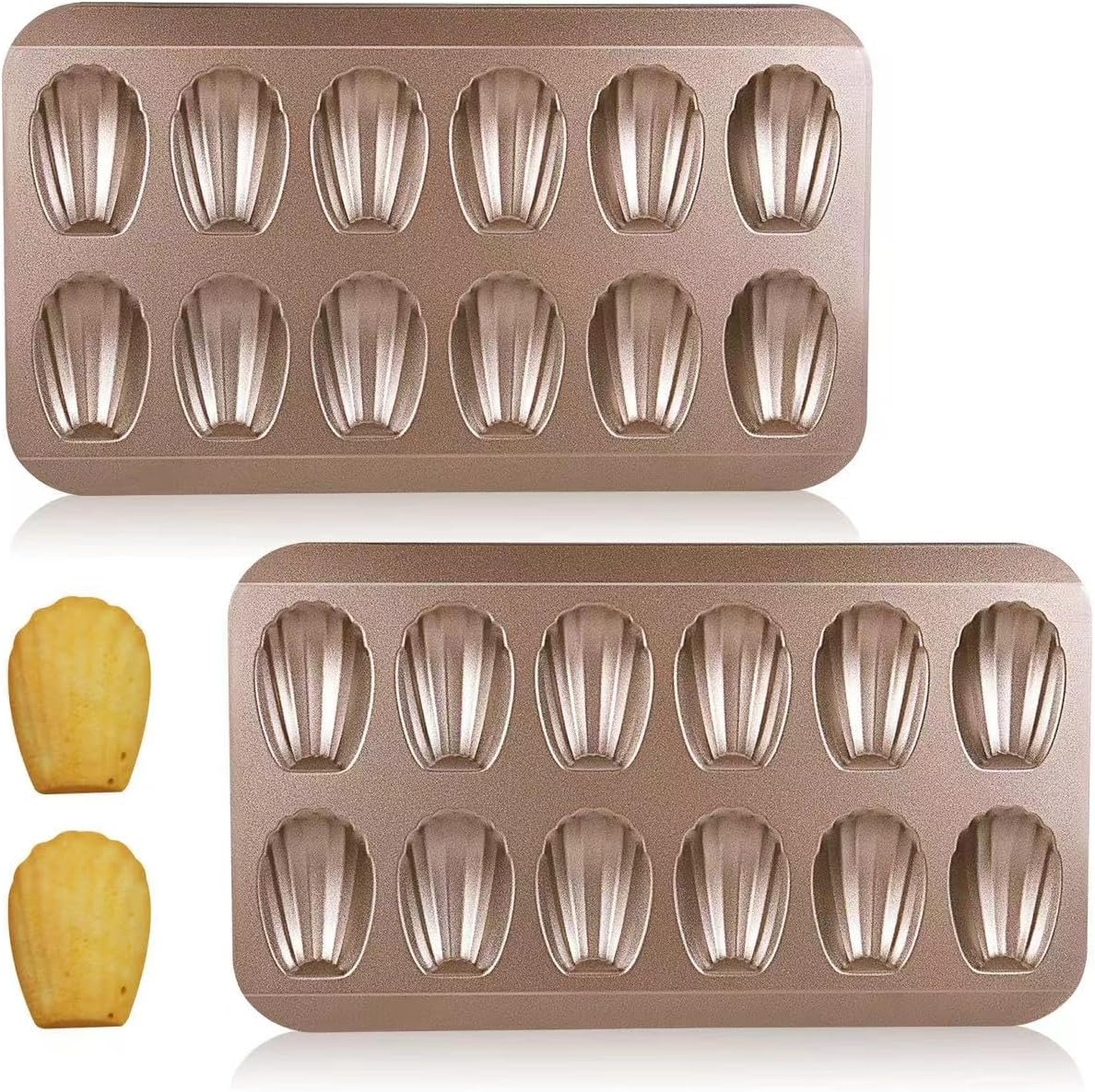 Set Aus 2 Backblechen, Robuste, Muschelförmige Form Mit 12 Mulden, Antihaftbeschichtetes Backblech Für Kekse Und Kuchen, Ofenfest (goldene Farbe).