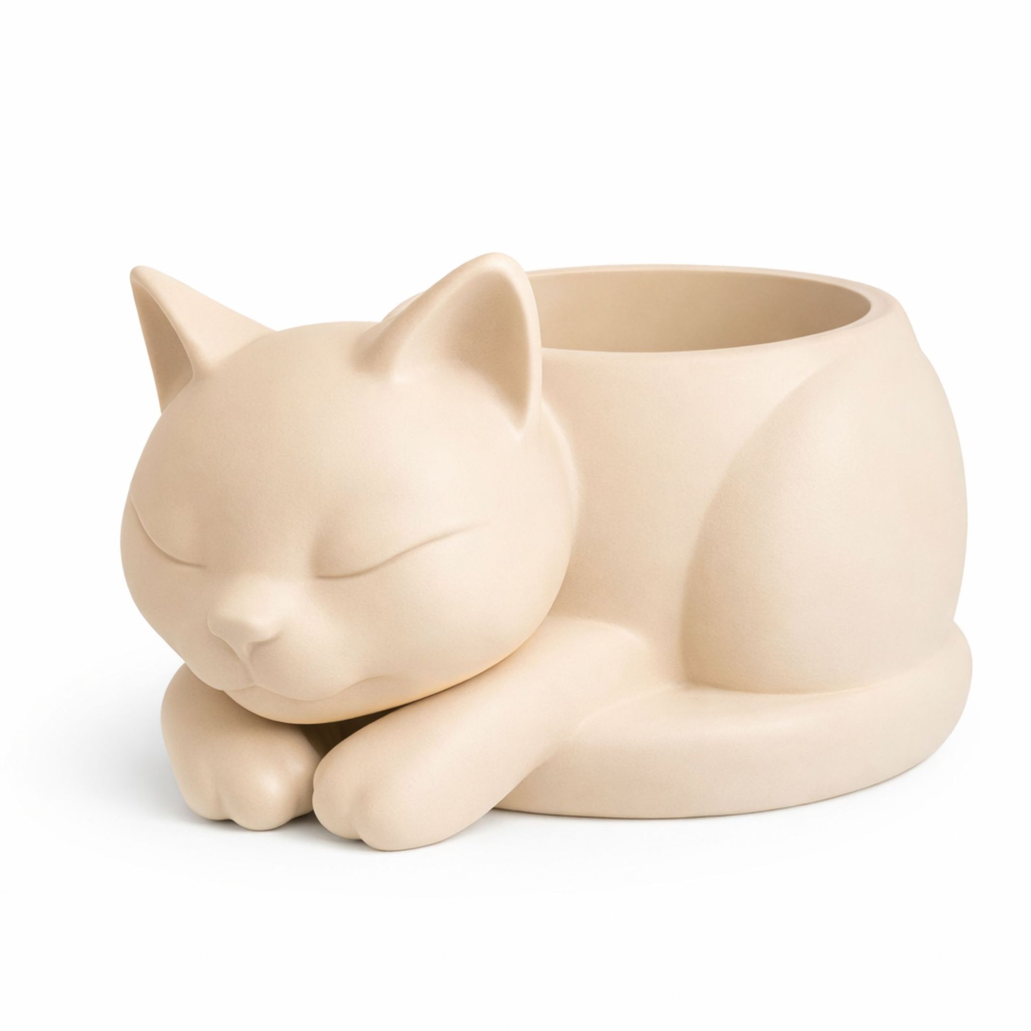 Deko-übertopf Mit Schlafender Katze, Beige, Für Sukkulenten Und Kakteen