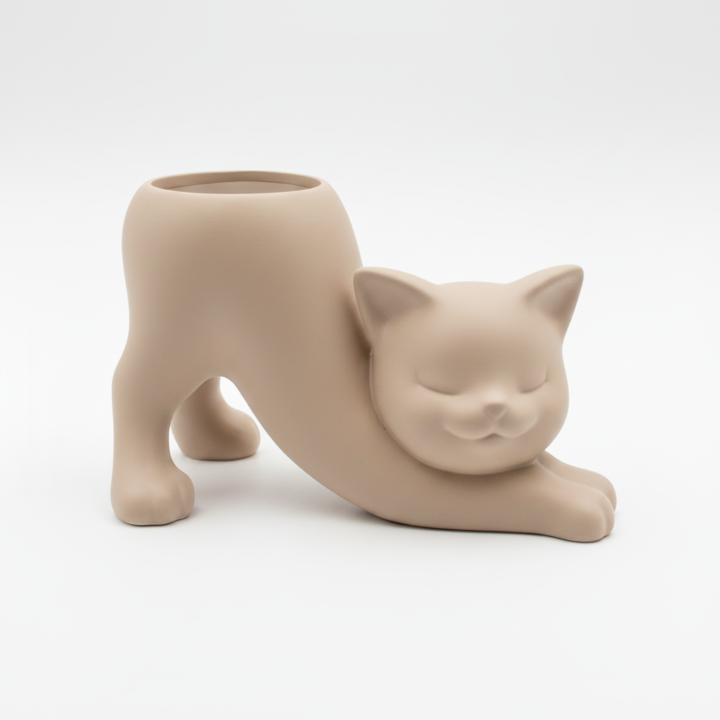 Beigefarbener Blumentopf In Form Einer Sich Streckenden Katze Für Sukkulenten Und Kakteen