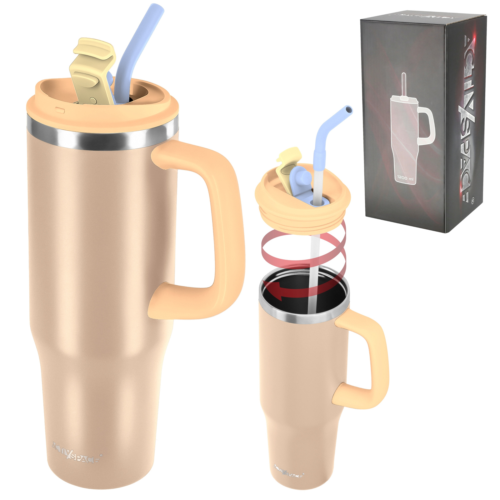 Thermobecher Mit Strohhalmgriff Für Kaffee Oder Tee, Auslaufsicher, 1200 Ml – Beige