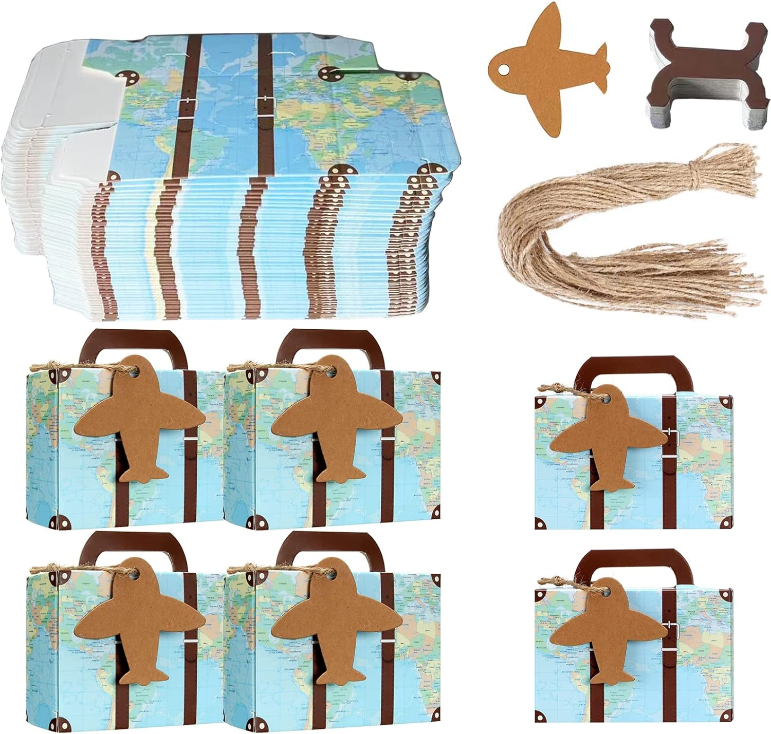 Geschenkboxen, 50 Stück, Kleine Kraftpapierboxen, Ideal Für Hochzeiten, Schmuck, Gastgeschenke, Süßigkeiten, Pralinen, Kandierte Mandeln, Gastgeschenkboxen Mit Etiketten (blau + Flugzeuge)