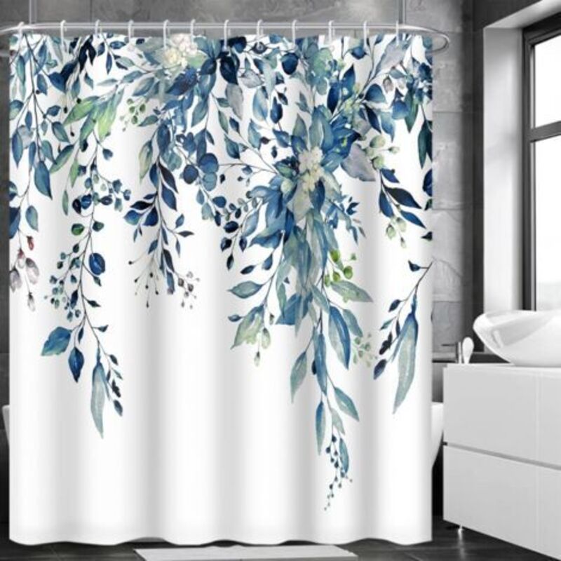 [niemals Verwendet] Blauer Duschvorhang Aus Polyester Mit Blumenmuster, Schimmel- Und Mehltaufest, Mit 12 Haken, Schnelltrocknend, Wasserdicht