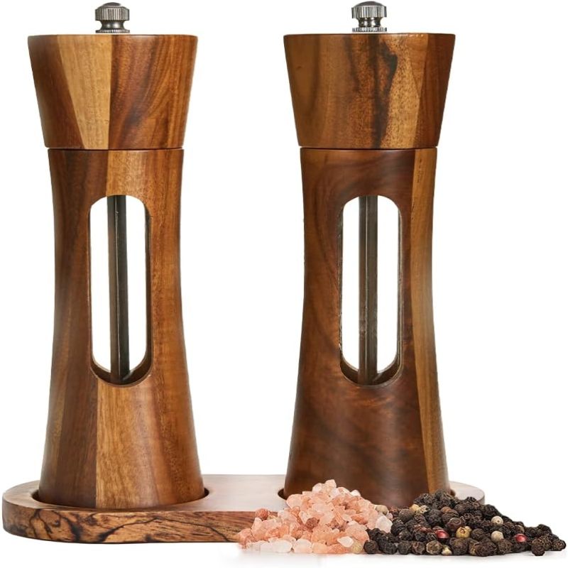Salz- Und Pfeffermühlen-set Aus Holz Mit Tablett, 20 Cm Lange Handmühlen Mit Einstellbarem Mahlgrad, Salz- Und Pfeffermühlen