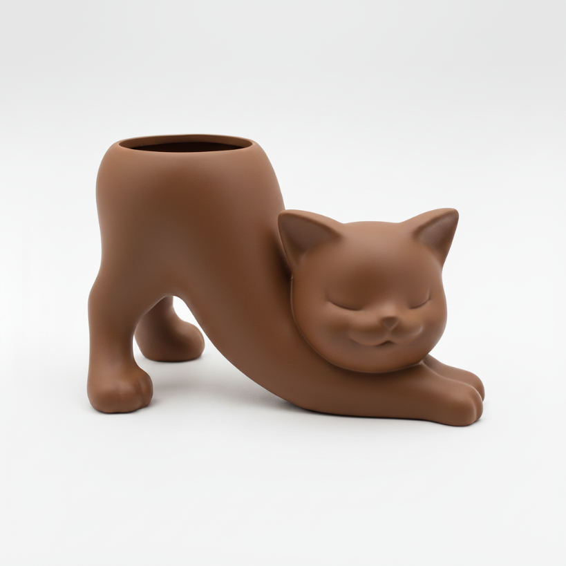 Brauner Blumentopf In Form Einer Sich Streckenden Katze Für Sukkulenten Und Kakteen