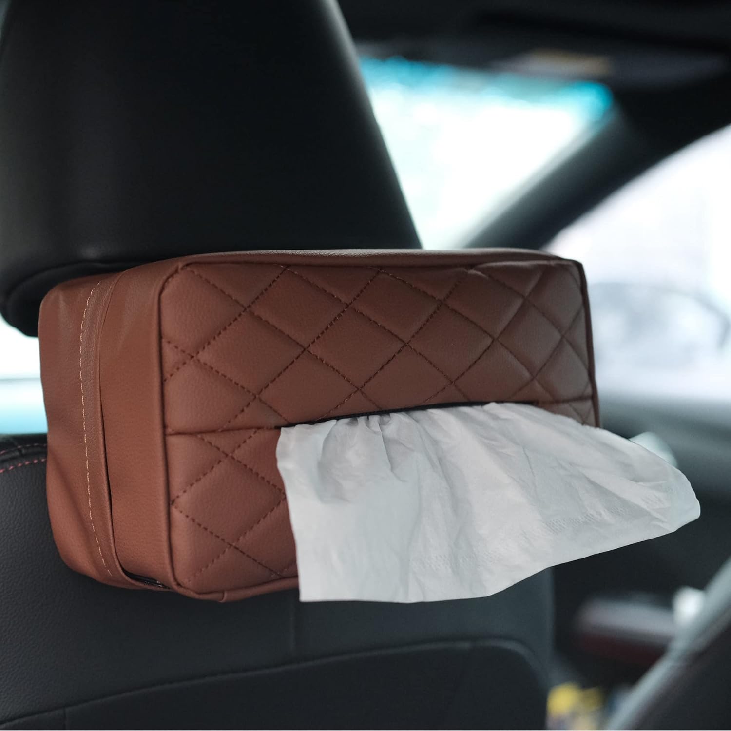 Kunstleder-taschentuchspender Fürs Auto, Für Die Kopfstütze Des Autositzes, Universelle Hänge-taschentuchbox Fürs Auto (braun)