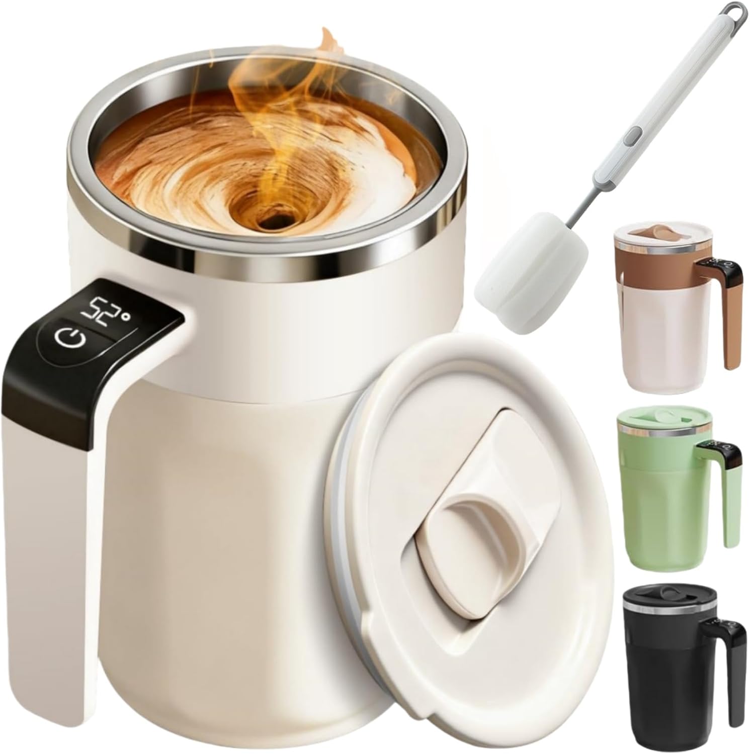 Selbstumrührender Kaffeebecher Mit Temperaturanzeige, Elektrischer Selbstumrührbecher Mit Magnetischer Mischfunktion, Intelligenter Temperaturreglerbecher, Weiß