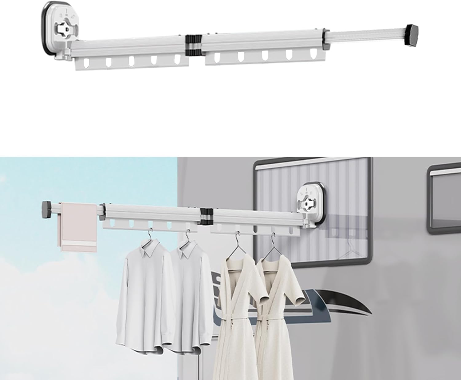 Wäscheständer, Ausziehbar, Zur Wandmontage, Mit Saugnapf, Ausziehbar, Faltbar, Mit Haken Und Handtuchhalter, Für Balkon, Wäscherei, Badezimmer, Schlafzimmer, Milchig Weiß,