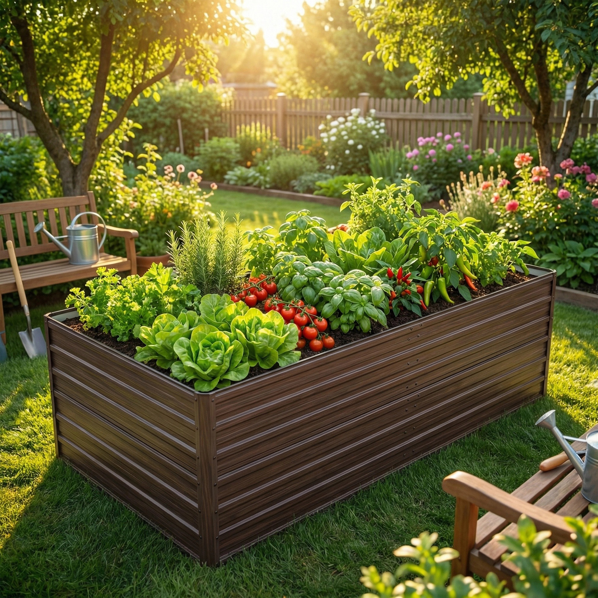 Large Metal Raised Garden Bed, 219x112x64cm Planter Box With Open Base, Heavy Duty Steel Flower Bed Kit, Weather & Rust Resistant For Vegetables Flowers Patio –wood Grain