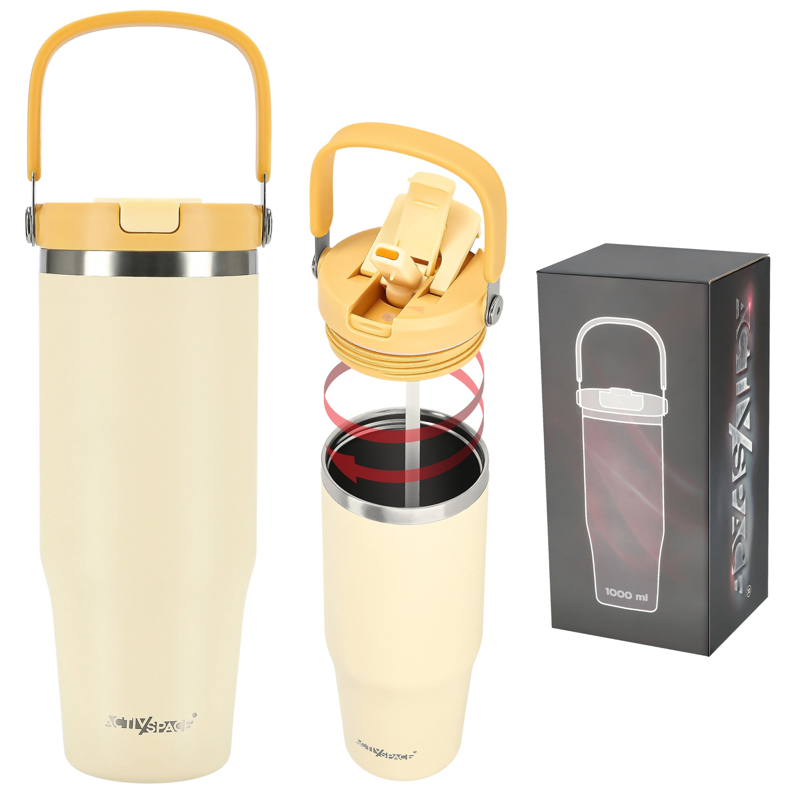 Thermobecher Mit Strohhalm Und Ausgießer Für Kaffee Oder Tee, Auslaufsicher, 1000 Ml – Gelb