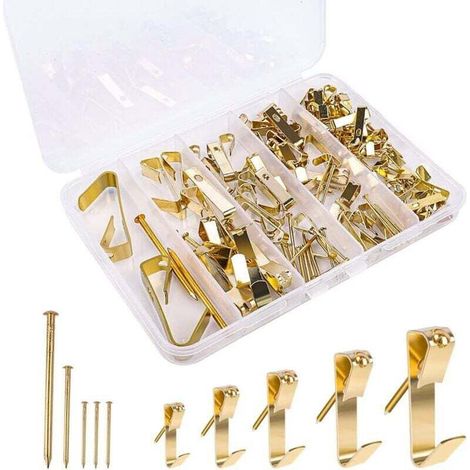 Set Mit 120 Edelstahl-wandhaken Inklusive Nägeln Zur Befestigung Von Bilderrahmen, Spiegeln Und Kunstwerken (5 Größen, Goldfarben).