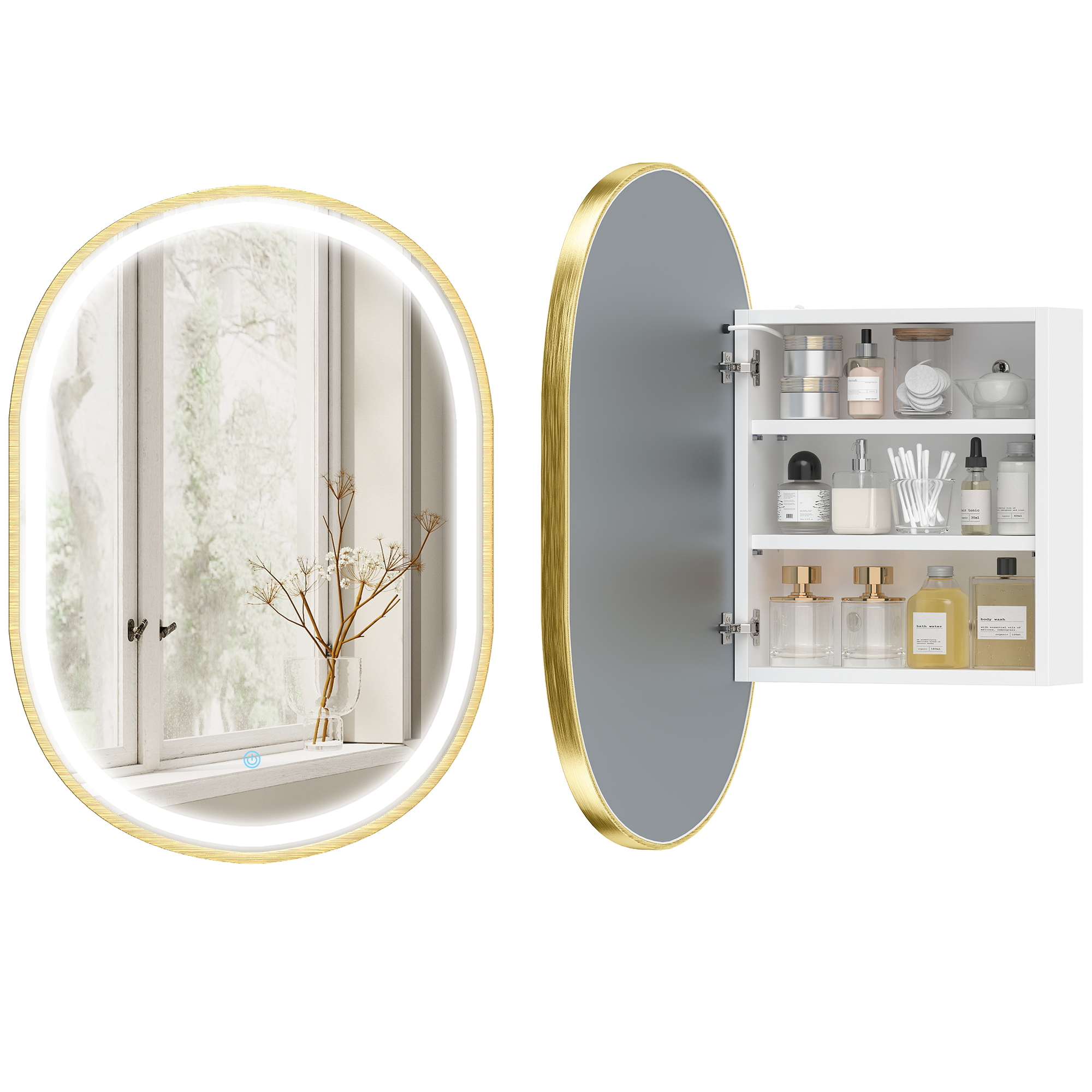 Badezimmerschrank Mit Spiegel Und 3-farbiger Led-beleuchtung, Ovaler Wandschrank Mit Memory-funktion Und Antibeschlagbeschichtung, Gold