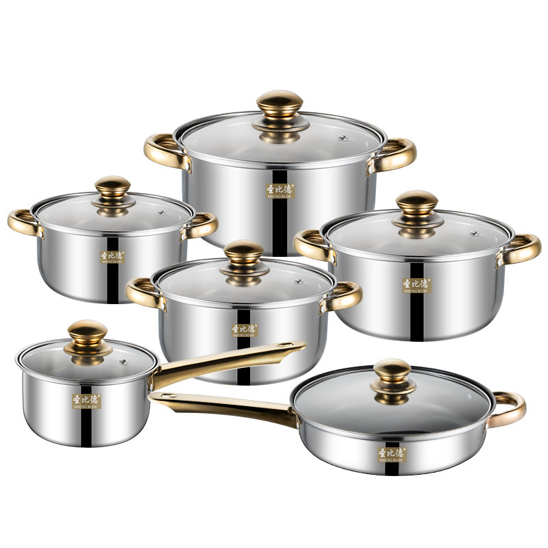 12-teiliges Edelstahl-kochgeschirr-set Mit Goldenen Griffen, Bestehend Aus Einer Antihaftbeschichteten Bratpfanne Und Einem Wasserkocher (12-teiliges Gold-set Mit Suppentopf).