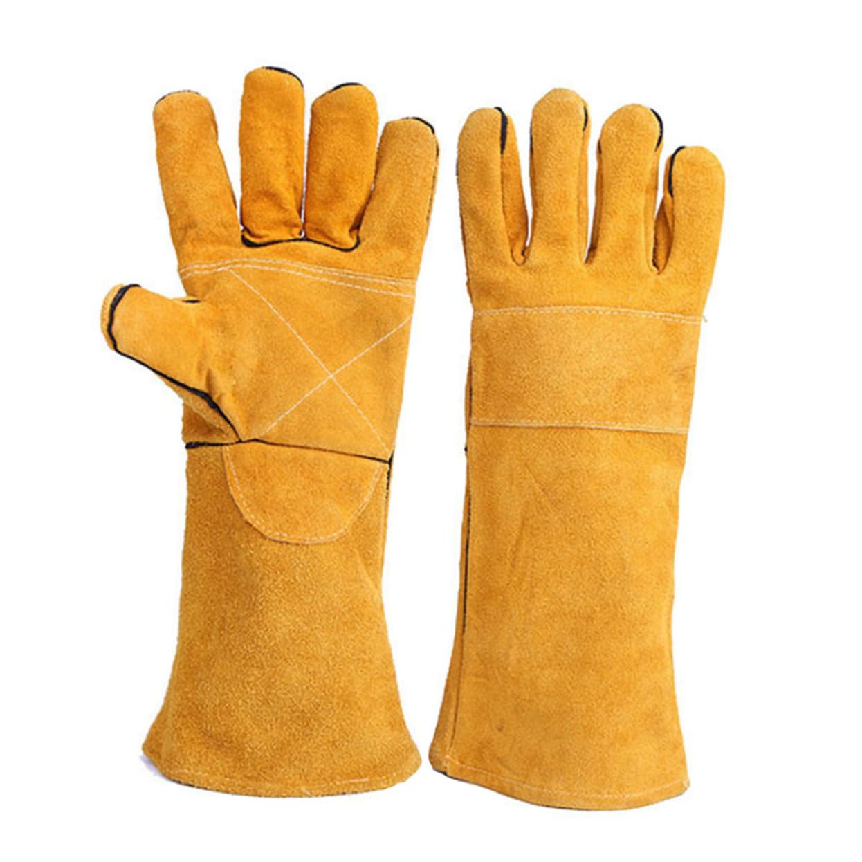 Hitzebeständige Schweißhandschuhe Aus Leder Mit Langen Ärmeln, Isolierender Schutz Für Das Schweißen In Der Küche, Grill, Gelb, 35 Cm Lang