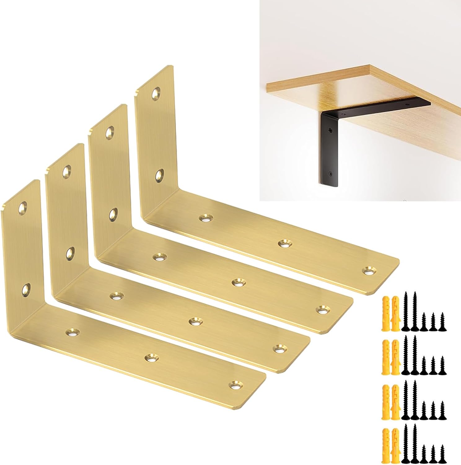 4 Stück 17,5 Cm Schwebende Regalhalterungen, 90° Rechtwinklige L-förmige Eckhalterungen Für Holzmöbel, Schränke, Stühle (gold)