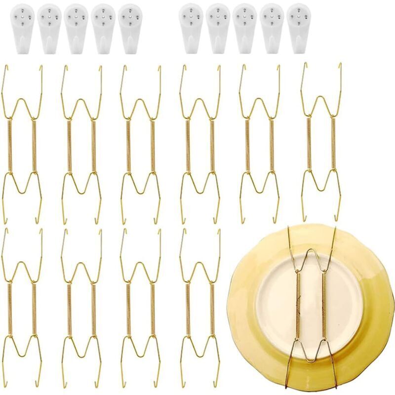Dekorative Wandtellerhalter Aus Goldfarbenem Edelstahl – Set Mit 10 Haltern Und 10 Haken Für Esszimmer, Wohnzimmer Oder Restaurant – Ulisem