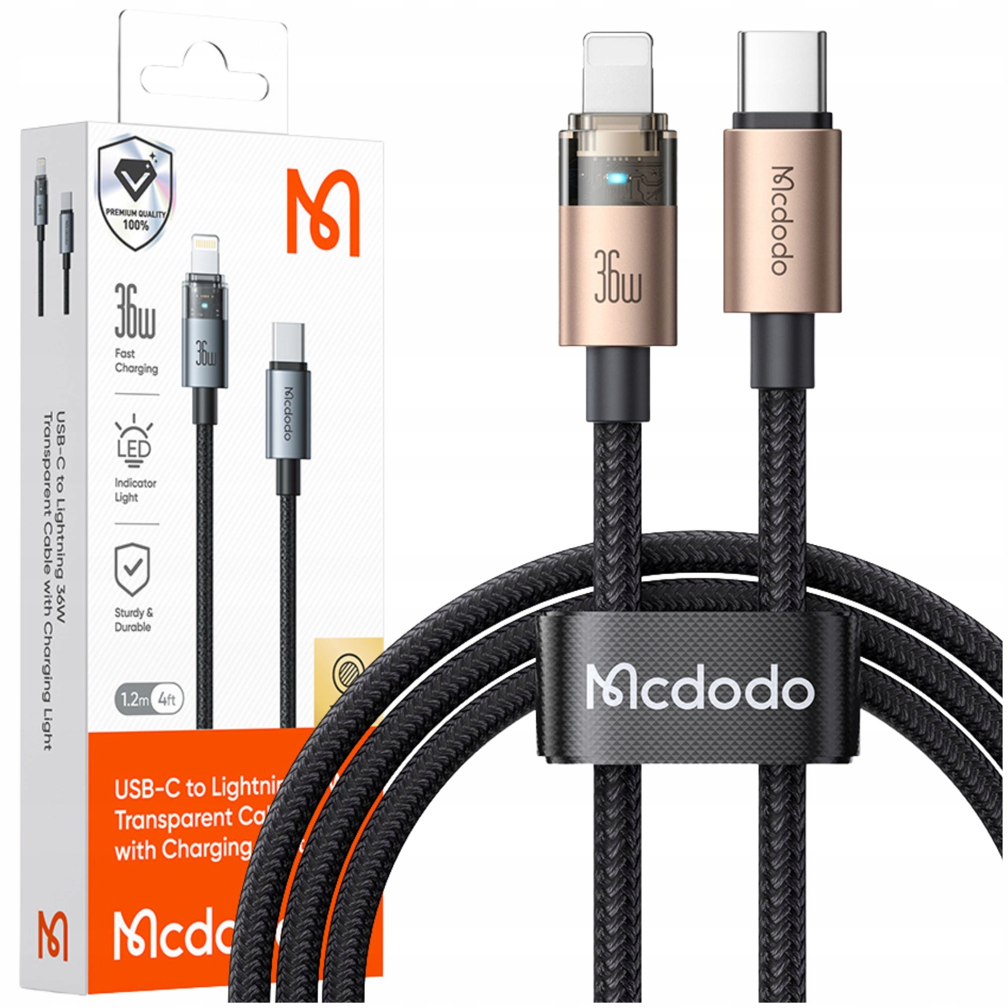 Mcdodo Usb-c-schnellladekabel Für Iphone Lightning 36w 1m Led Gold