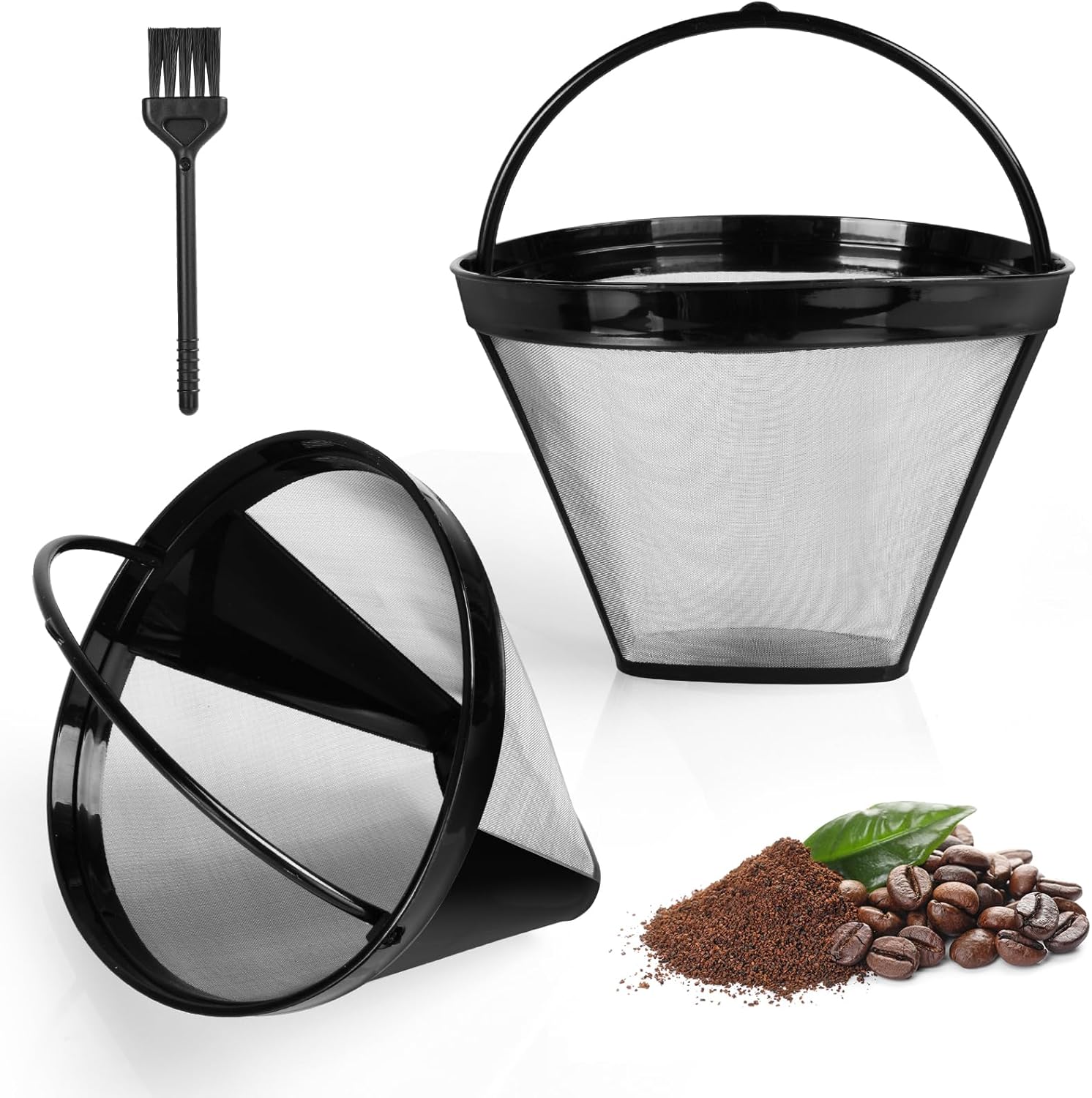 Wiederverwendbarer Kaffeefilter, 2 Stück, Größe 4, Mit Bürste, Permanenter Kaffeefilter Mit Griff, Kegelförmiger Kaffeefilter Mit Waschbarem Siebeinsatz Für Kaffeemaschinen, Silber