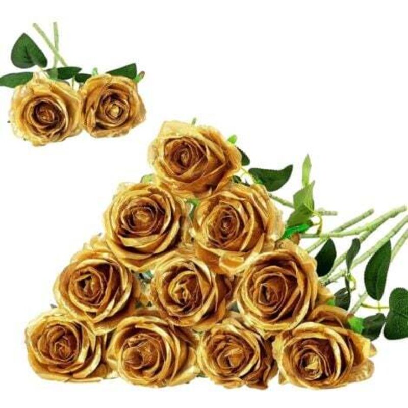 [niemals Verwendet] Set Mit 12 Künstlichen Seidenrosen (gold) Für Heimdekoration, Hochzeitsfeier