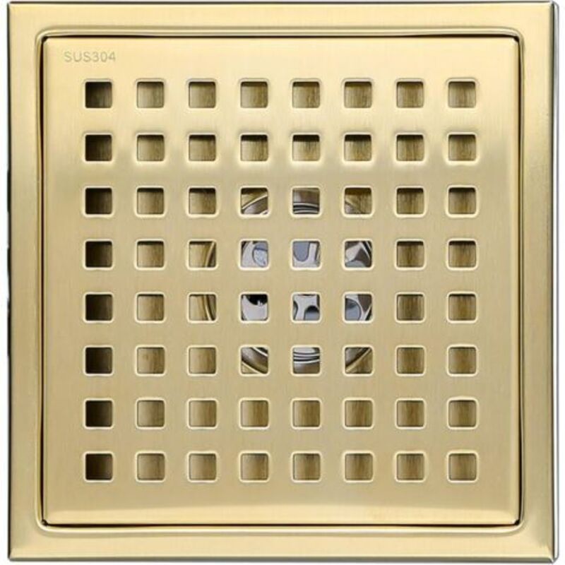 [niemals Verwendet] Stück Quadratischer Duschablauf Aus Goldfarbenem Edelstahl (15 X 15 Cm) Mit Bodenablaufabdeckung, Geruchsneutralisierendem Messingkern, Gebürstetes Gold