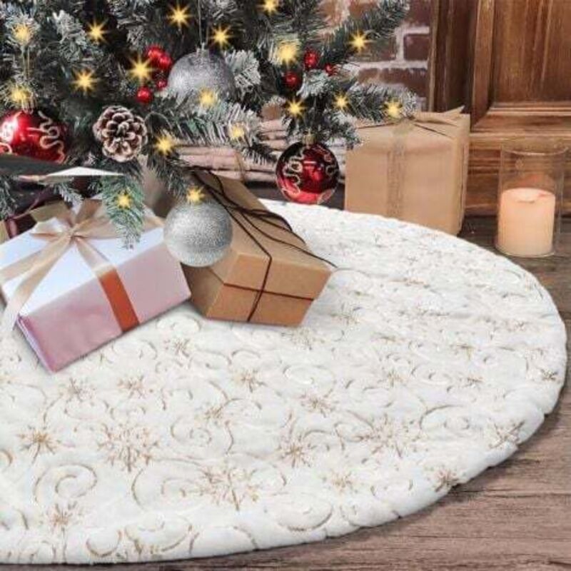 [niemals Verwendet] 90 Cm Große, Plüschige Weihnachtsbaumdecke, Weihnachtsbaumschmuck, Pailletten, Goldene Schneeflocke, Weihnachtsbaummatte, Baumfußabdeckung, Decke