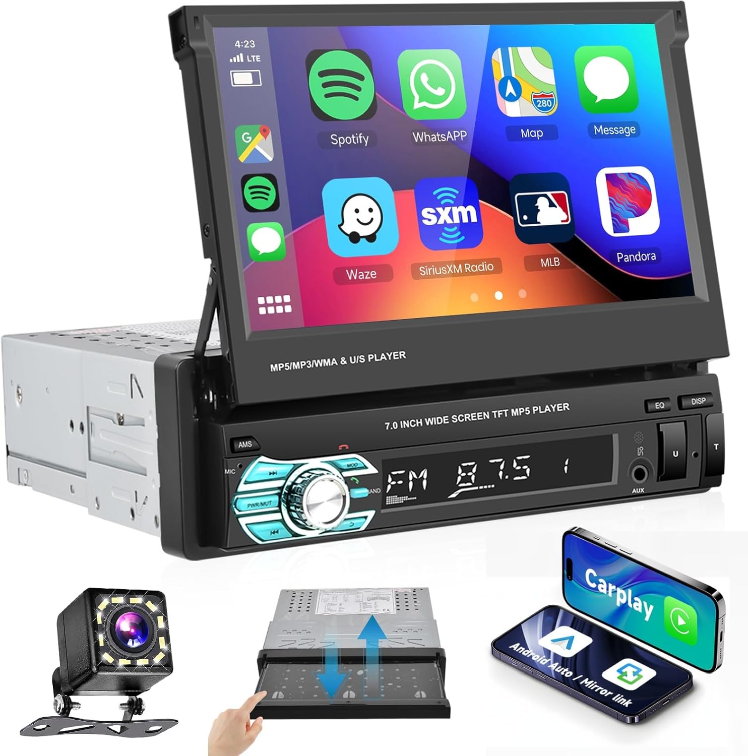 1-din-autoradio, Kompatibel Mit Carplay Und Android Auto, 7-zoll-hd-touchscreen Mit Mirror Link, Rückfahrkamera, Lenkrad, Bluetooth-freisprecheinrichtung, Fm, Usb/sd/aux-anschluss