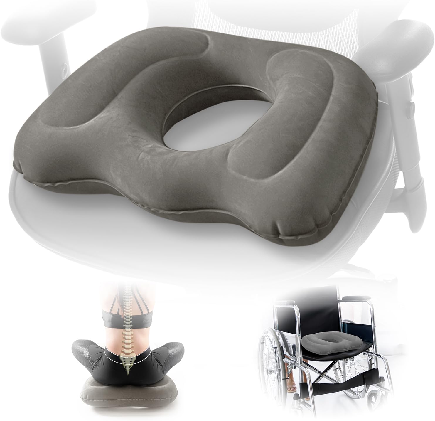 Aufblasbares Sitzkissen Mit Donut-ring, Tragbares Und Verstellbares Luftkissen Für Bürostuhl, Auto Und Zuhause, Erhöhter Komfort Für Rücken, Lendenwirbelsäule Und Sitzen, Grau