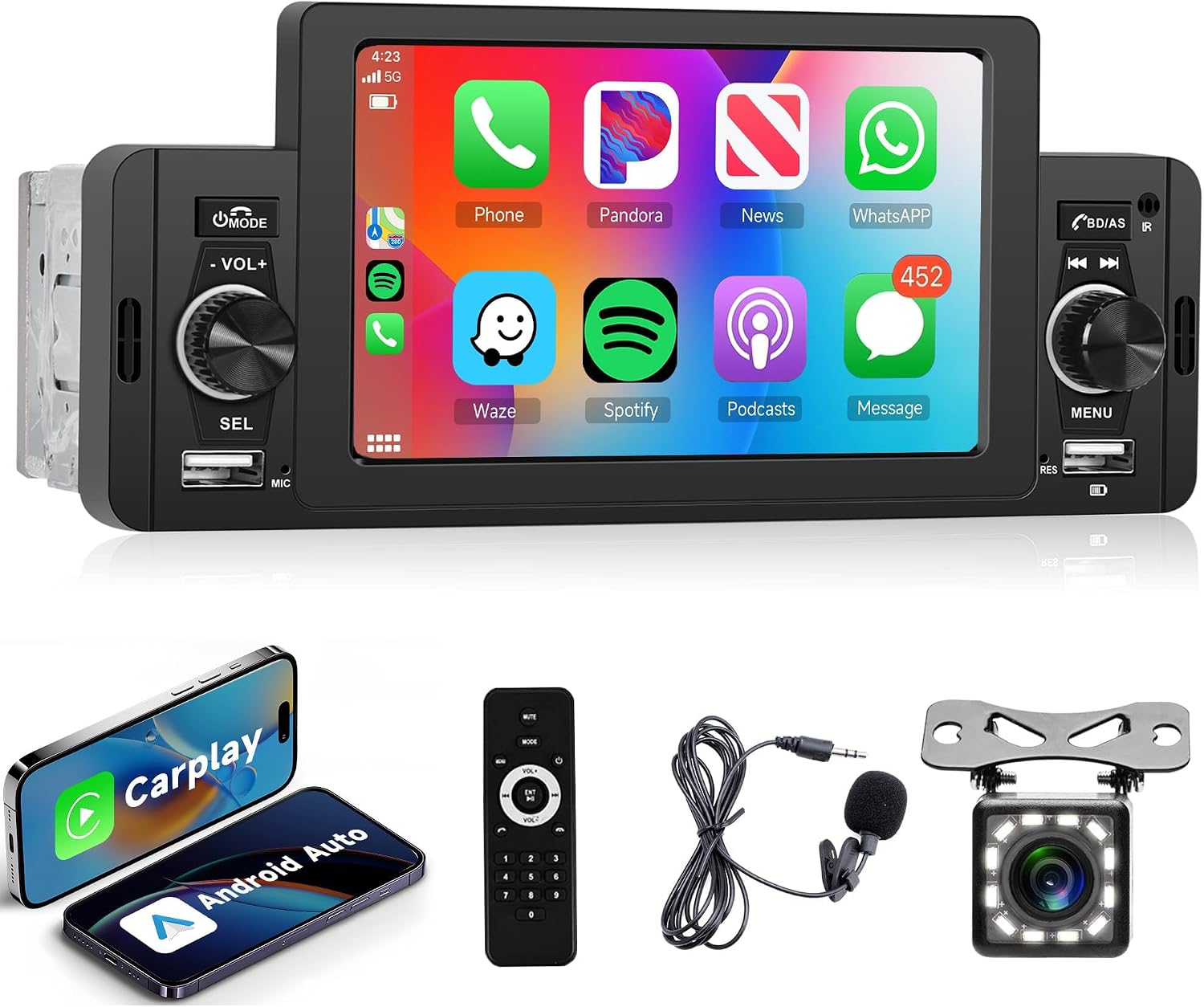 1 Din Autoradio Mit Apple Carplay Android Auto Bluetooth Freisprecheinrichtung 5 Zoll Touchscreen Autoradio Mit Android/ios Mirror Link Bluetooth Fm/usb/aux/tf Rückfahrkamera Mikrofon Fernbedienung