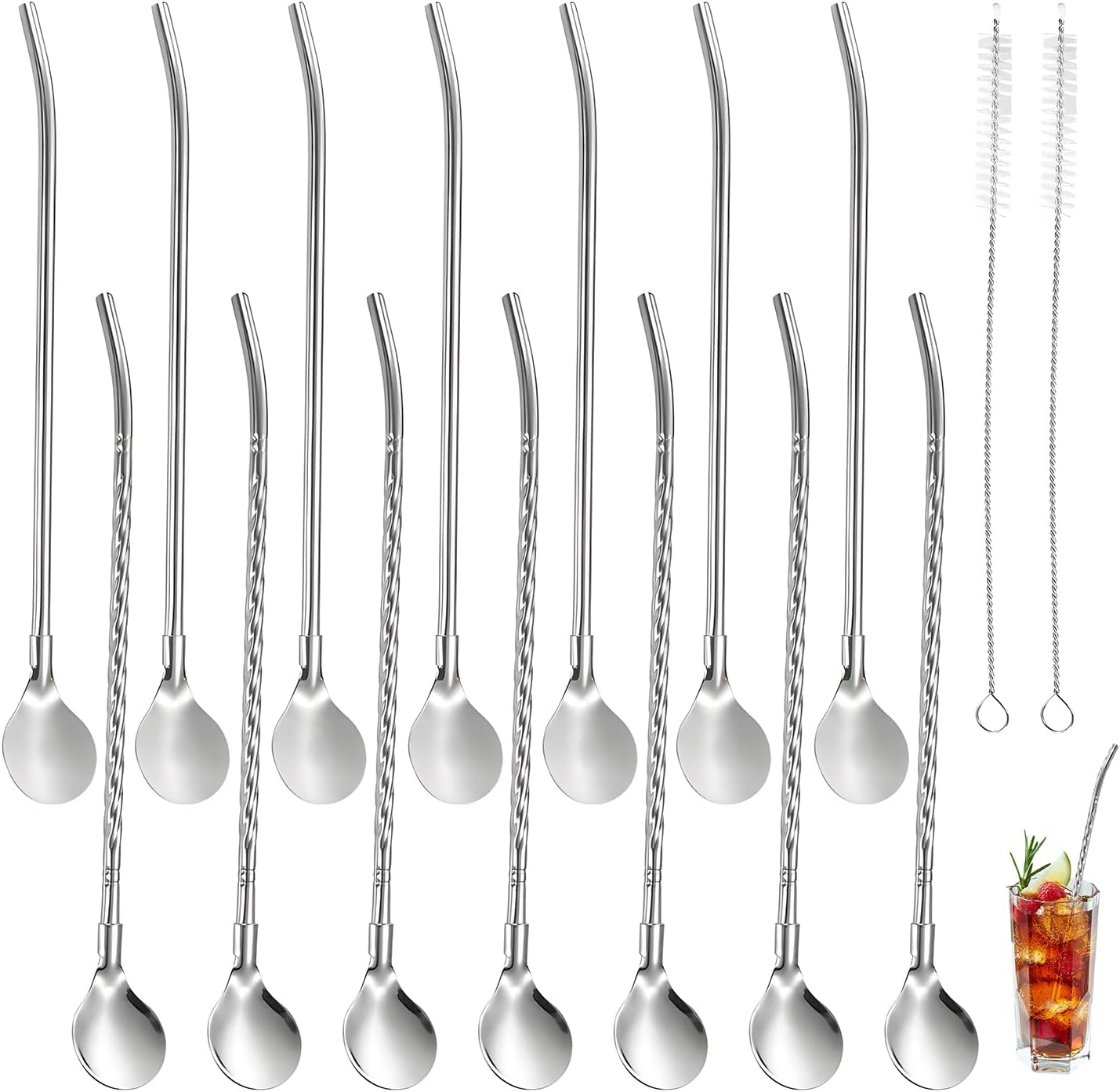 14 Stücke Für Bratgerichte, Lepels, Herbruikbare Rietjes Mit Lepel, 2-in-1 Und 2 Reinigingsborstels, Serviert Für Latte Macchiato-getränke, Milchshakes, Eisbecher, Silber