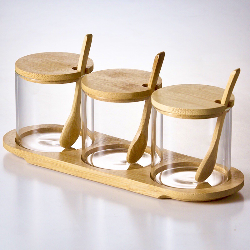 Set Mit 3 Glasbehältern 300 Ml Für Gewürze, Zucker, Salz – Bambusdeckel Und Löffel – Gewürzbehälter