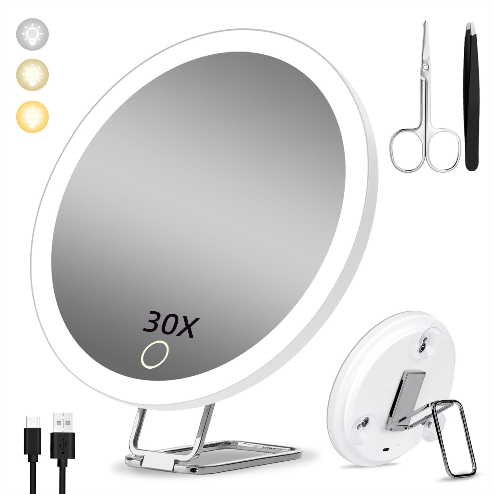Vergrößerungsspiegel Mit Licht 30x, 15cm 3 Farbmodi Dimming Beleuchteter Schminkspiegel 30x, Großer Wiederaufladbarer Reise-vergrößerungsspiegel Mit 3 Saugnäpfen Und 360° Tischständer