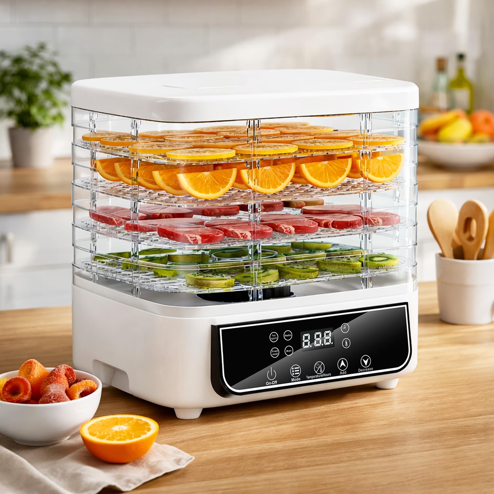 Dörrgerät Für Lebensmittel, Dörrgerät Mit 5 Höhenverstellbaren Tabletts, Temperaturregelung Von 35–70 °c Und 72-stunden-timer, Dörrgerät Für Obst Und Gemüse, Bpa-frei