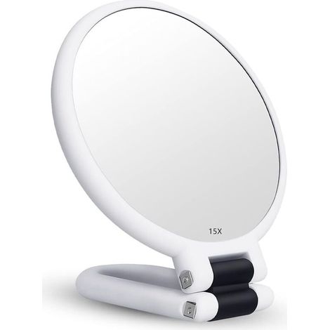 Doppelseitiger Klappspiegel Mit 15-facher Vergrößerung Und Griff – Hochwertiges Optisches Glas – Für Make-up Und Haarstyling – Silber
