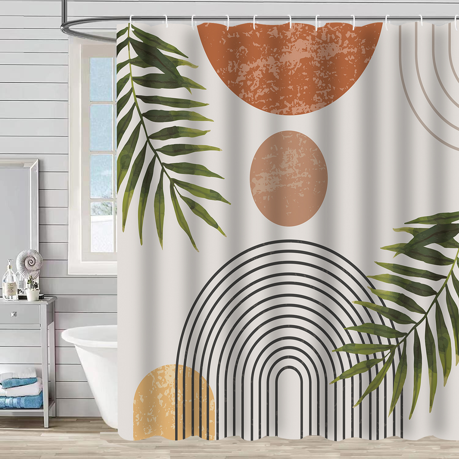Duschvorhang 180 X 200 Cm, Blättermuster, Wasserdicht, Waschbar, Badvorhänge Aus Polyestergewebe Mit 12 Ösen Und Duschvorhangringen