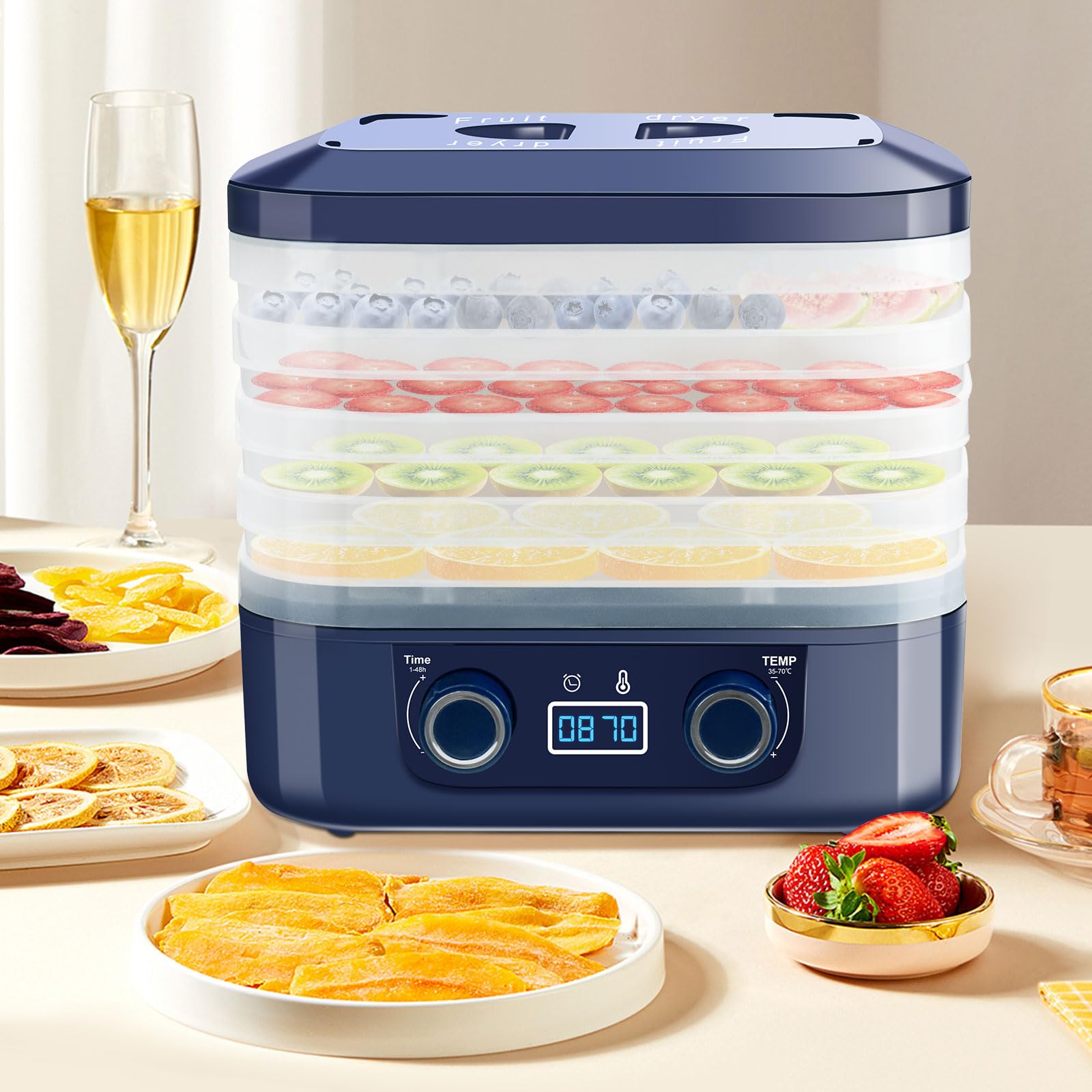 Dörrgerät, 5 Höhenverstellbare Tabletts, Dörrgerät Mit Digitalem Bildschirm, Dörrgerät Für Obst Und Gemüse Mit Temperatur 35–75 °c Und 48-stunden-timer, Bpa-frei