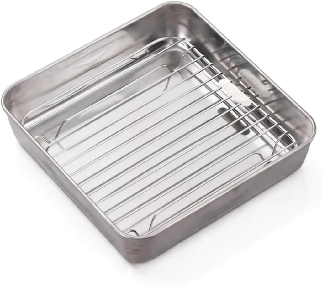 Ovenschaal For Airfryer, Roestvrij Staal, Vierkant, Met Grill, Ovenschaal For Heteluchtfriteuse, Vaatwasmachinebestendig, 21,3 X 20,9 X 5,1 Cm, Silber