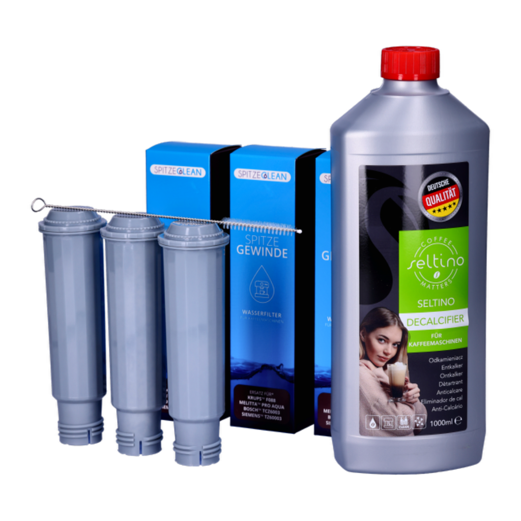 Set Für Krups-, Siemens-, Aeg-, Bosch-, Gaggenau-, Melitta-, Nivona-, Cacoon-, Neff-kaffeemaschinen: Spitze-gewindefilter X3, Seltino-entkalker 1 L, Seltino-bürste