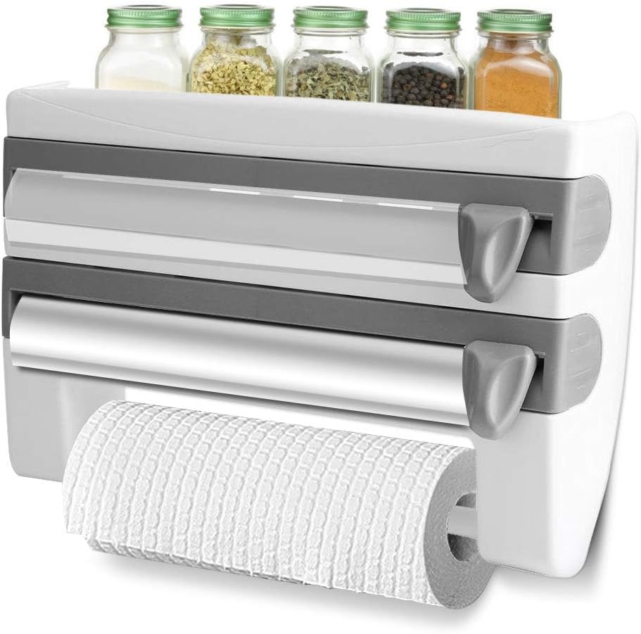 Wäschepapierrollenträger 3 In 1 Mit Nahrungsmittelfilm-verteiler, Gewürzflaschenträger, Küchenfilm-träger, Rollen, Aluminiumpapier, Nahrungsmittelfilm Oder Papier, Grau