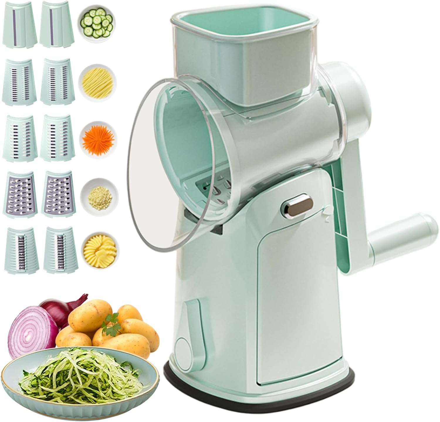 5-in-1-rotationskäsereibe, Gemüsehobel, Handkurbelbetrieb Mit Saugnapfbasis, Sichere Mandoline Mit 10 Klingen Und Spritzschutz, Professionelles Küchenwerkzeug
