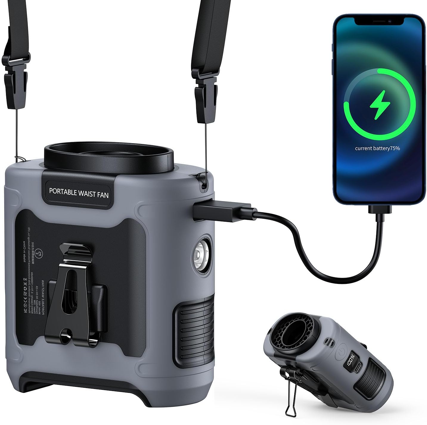 10000 Mah Tragbarer Taillen-clip-on-lüfter, Nacken-schreibtisch, Freihändiger Tragbarer Gürtel, Wiederaufladbarer Persönlicher Lüfter Mit 5-gang-taschenlampe, Hält 40 Stunden Für Outdoor-camping, Büro
