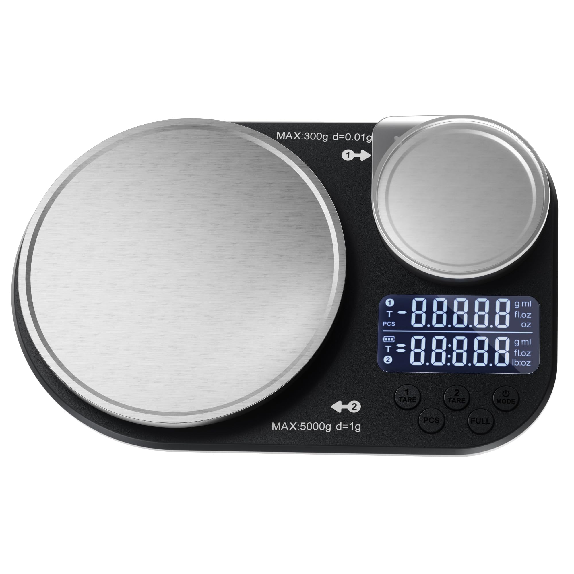 Digitale Küchenwaage Mit Zwei Plattformen, Wiegt Bis Zu 5 Kg Und 300 G, Digitale Waage Mit Waagschale Aus Edelstahl, Ideal Zum Kochen, Backen Und Essen