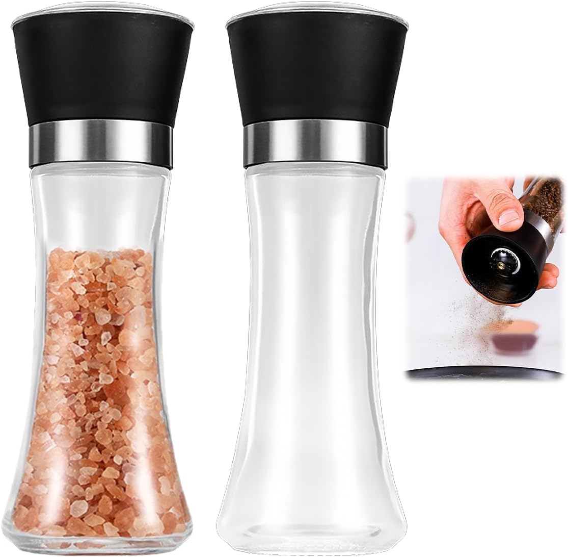 2 Stück 190 Ml Pfeffer- Und Salzmühle, Gewürzmühle Mit Einstellbarer Dicke, Manuelle Pfeffermühle Aus Transparentem Glas Und Edelstahl, Geeignet Für Gewürze, Salz Und Chili