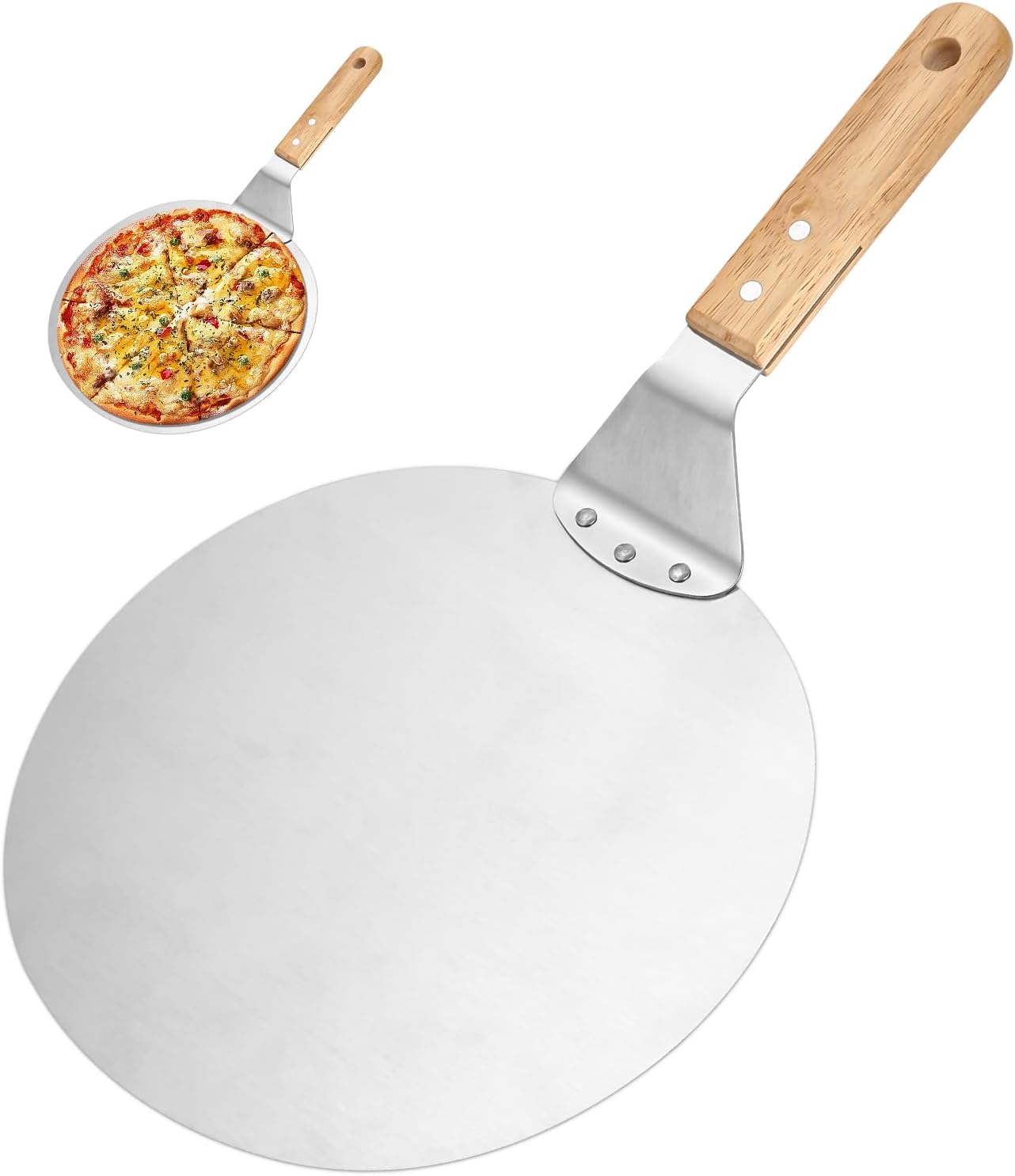 Pizzaschieber, Pizzaschieber Aus Edelstahl, 25,4 Cm, Runder Pizzaschieber Mit Holzgriff Und Edelstahl-metallschale, Idealer Spatel Für Pizza, Brot Und Gebäck, Silber