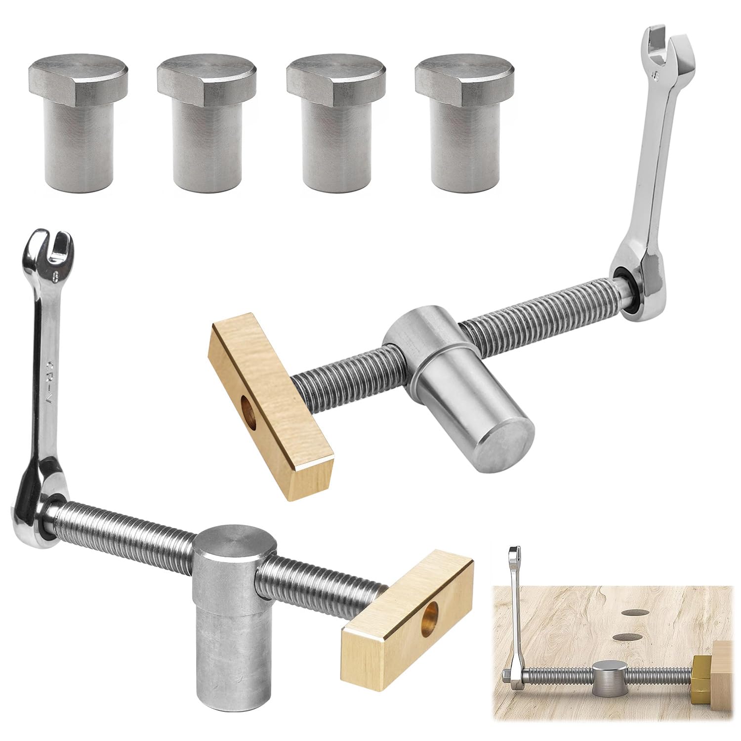2 Stück Silberne Holzbearbeitungs-schreibtischklemmen, 20 Mm Holzbearbeitungstisch-hilfsbank-positionierungsschraubstock, Mit 4 Bankhaken, Für 20 Mm Loch-tischzimmerarbeiten (silber)