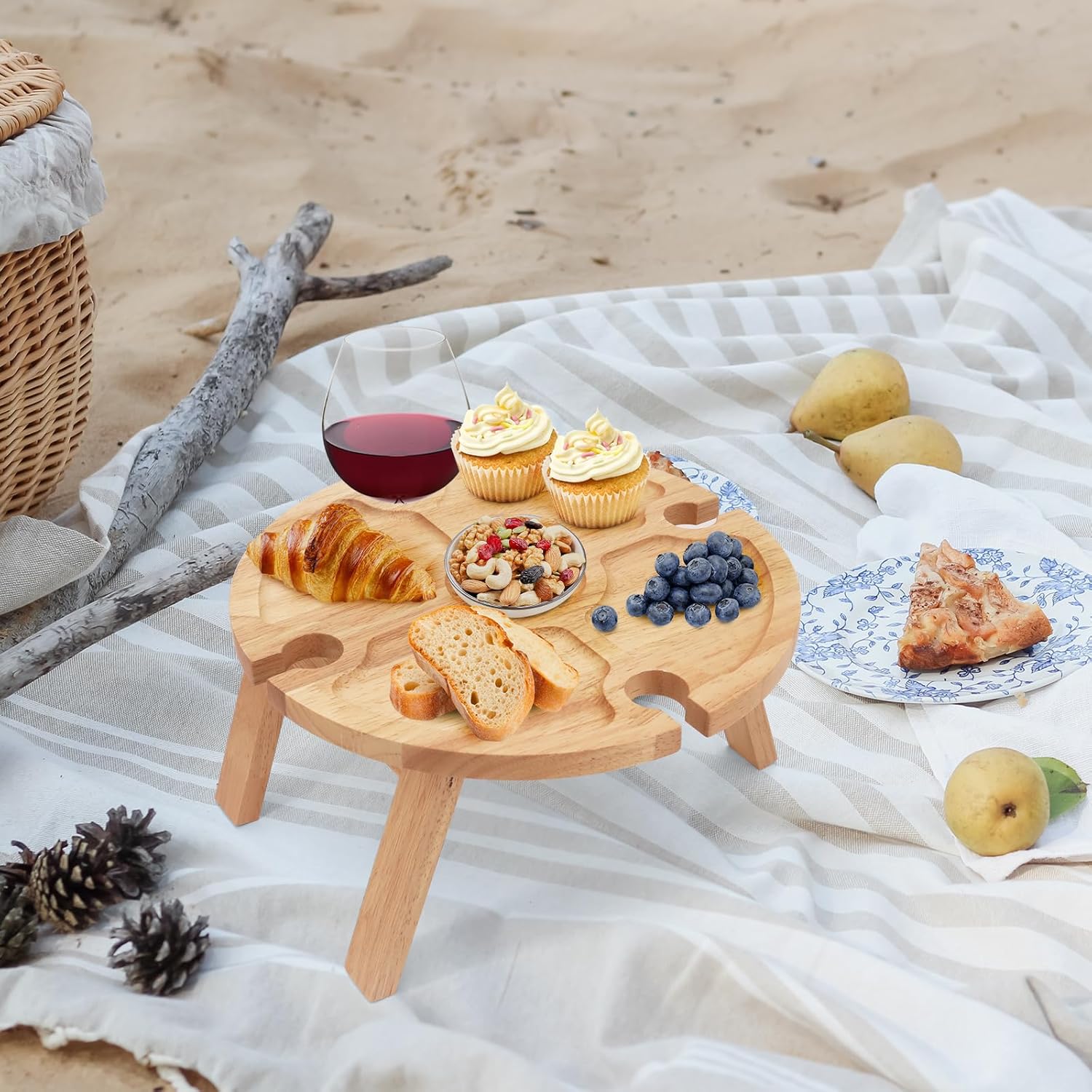 Klappbarer Picknicktisch Aus Holz Mit Weinglashalter – Zusammenklappbarer Picknicktisch – Kleiner Strandtisch Für Garten, Reisen, Camping, Picknick, Strand