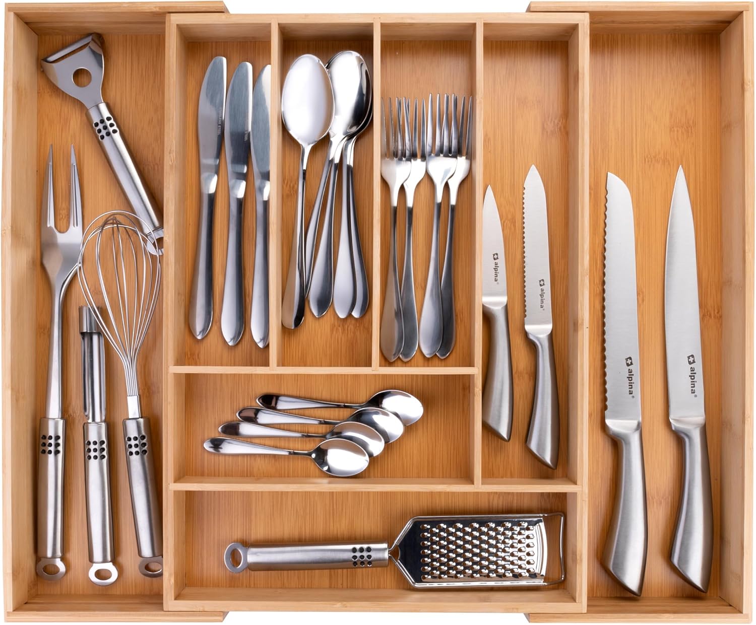 Besteckregal Für Schublade – Erweiterbarer Küchenschubladen-organizer 46 X 34–56,5 X 6 Cm – Überdachte Aufbewahrung Mit 6 Bis 8 Fächern – Für Utensilien, Sonnenbrillen Und Mehr – Bambus