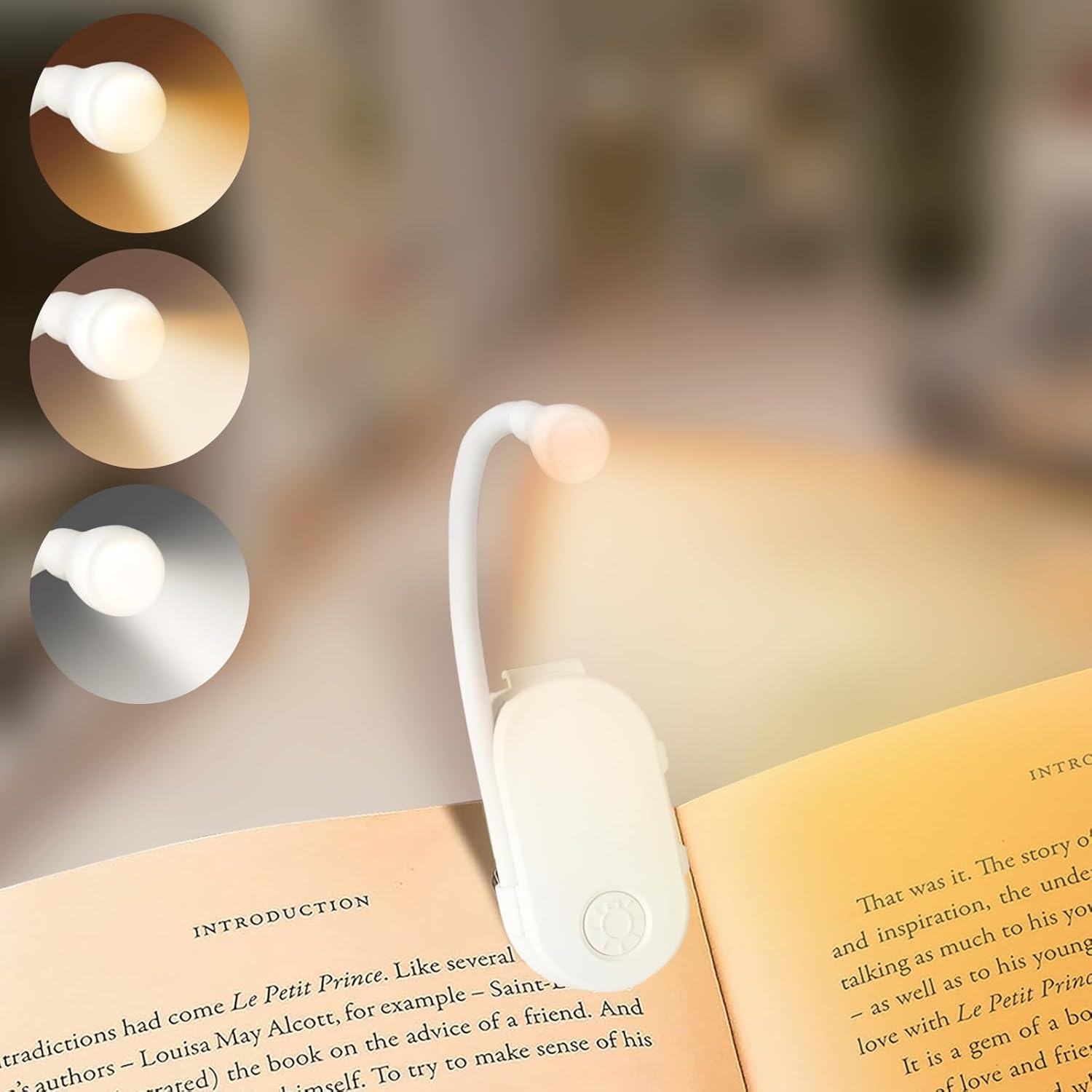Wiederaufladbare Led-leseleuchte Mit 3 Beleuchtungsarten Zum Schutz Der Augen, Mit Flexibler 360°-schwanenhalsklemme Auf Weißem Hintergrund.